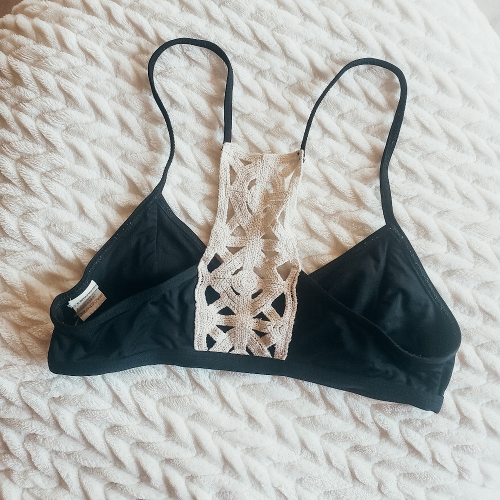 L SPACE Boho Crochet Detail Black Swim Top